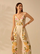 CAJUNI Women's Boho Colorful Tropical Flower Print, Sleeveless Long Jumpsuit, Holiday Casual Beach Summer Jumpsuit